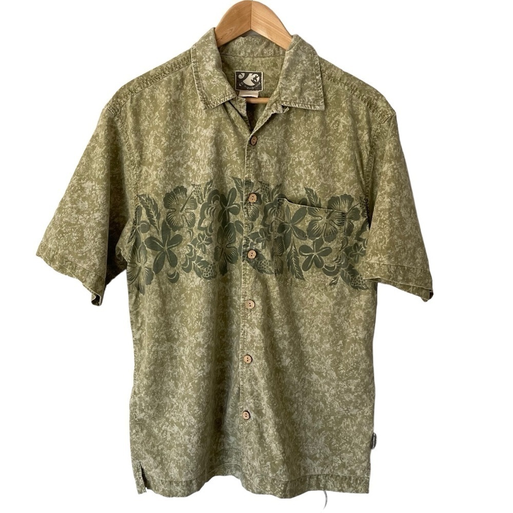 Casual Hawaiian Button Up Shirt Mens M Green Floral Cotton Vacation Beach GUC